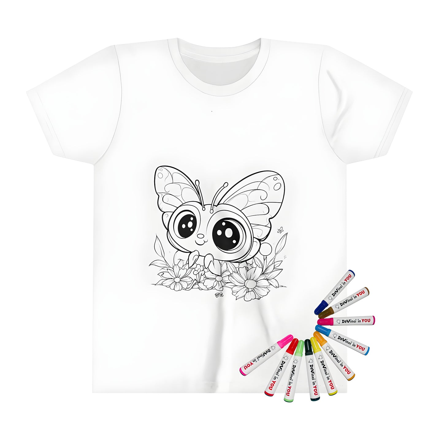 Coloring kit kid's t-shirt with cartoon butterfly design on fabric