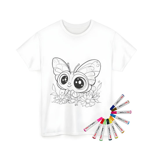 Coloring kit for adult or kid's coloring book featuring cartoon butterfly design on unisex tee shirt