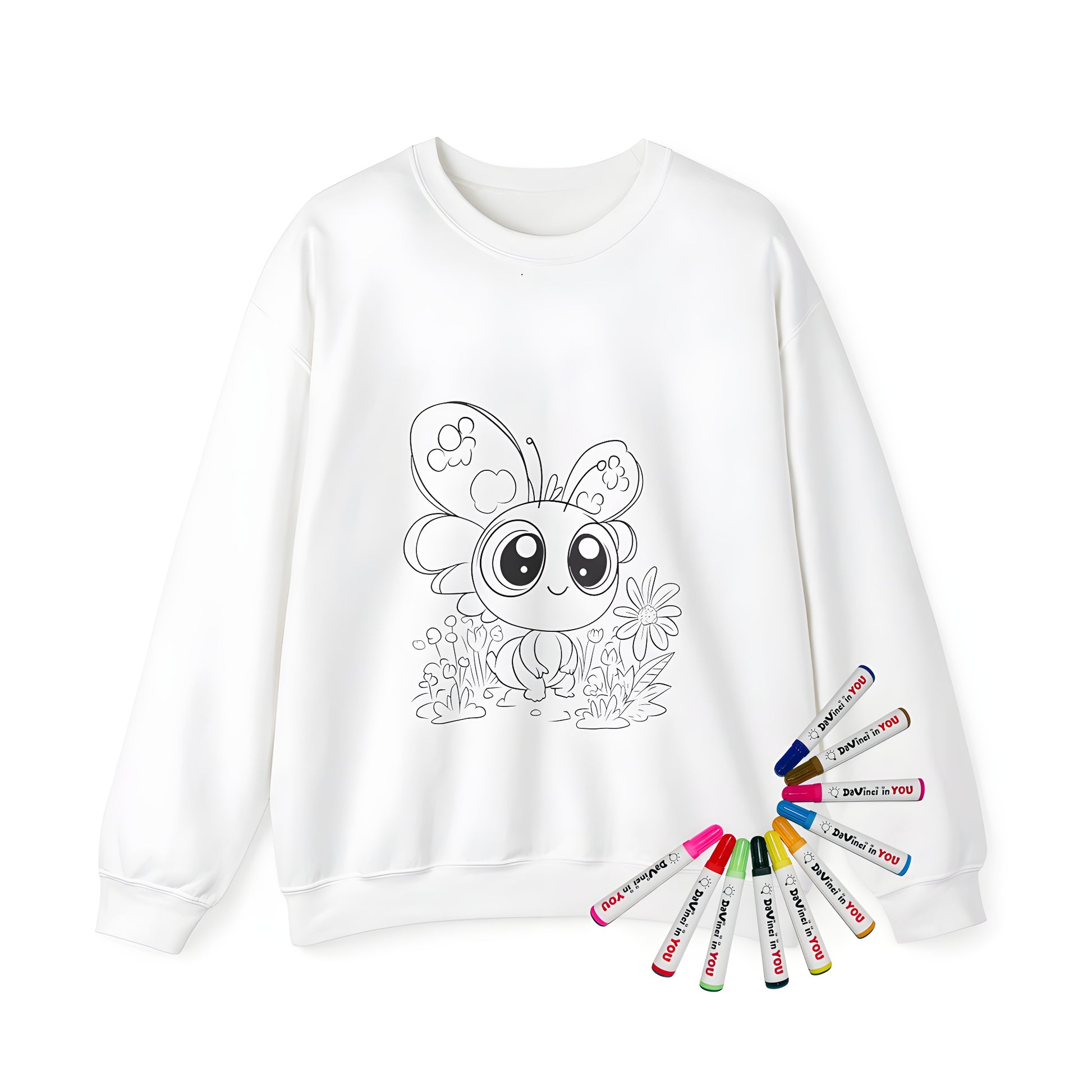 Adult sweatshirt featuring a colorful cute butterfly design with big eyes and patterned wings, surrounded by flowers