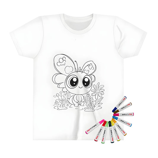 Kid's T-shirt featuring colorful butterfly design, big eyes and patterned wings among flowers in garden