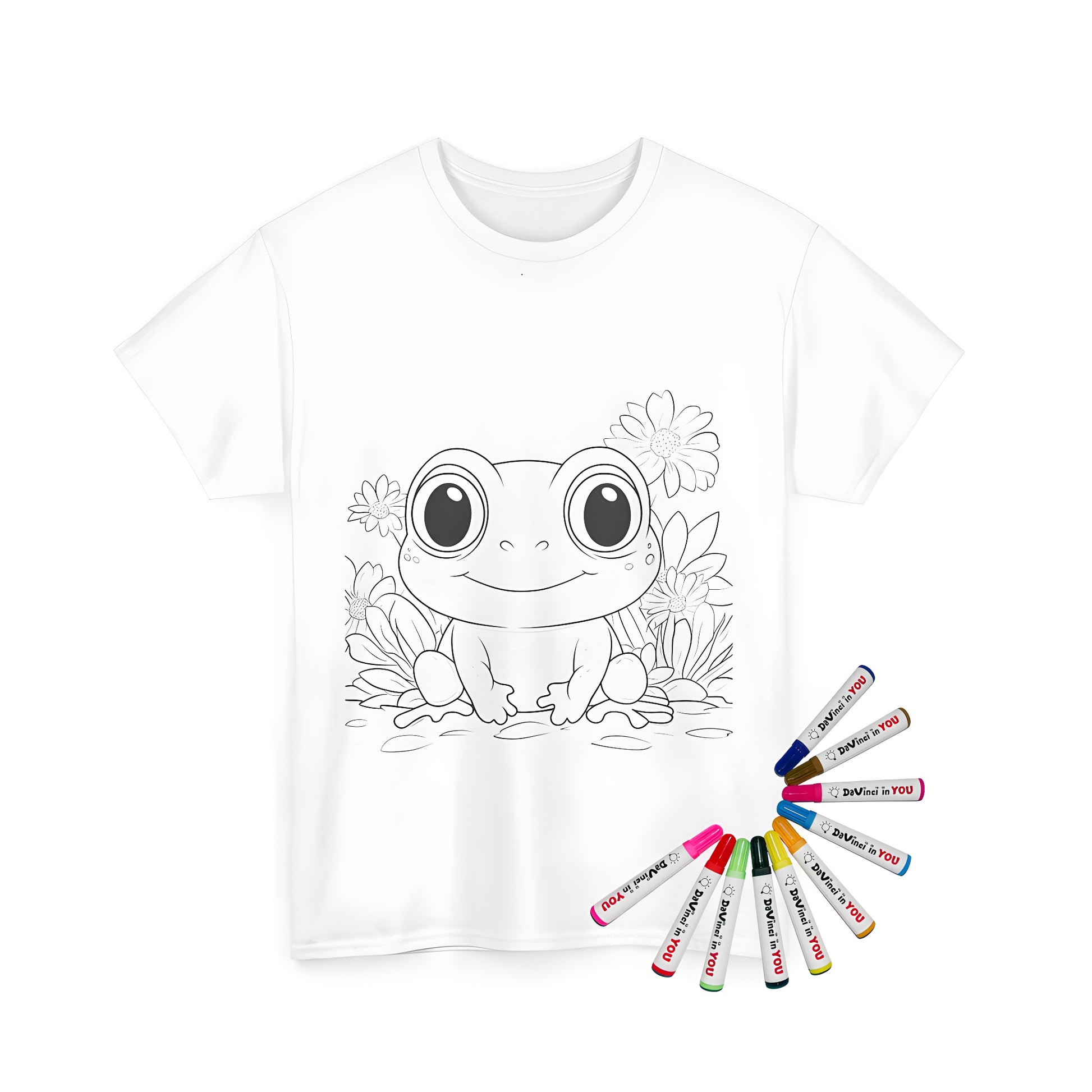 Unisex t-shirt featuring a cute frog illustration with big eyes surrounded by flowers and leaves