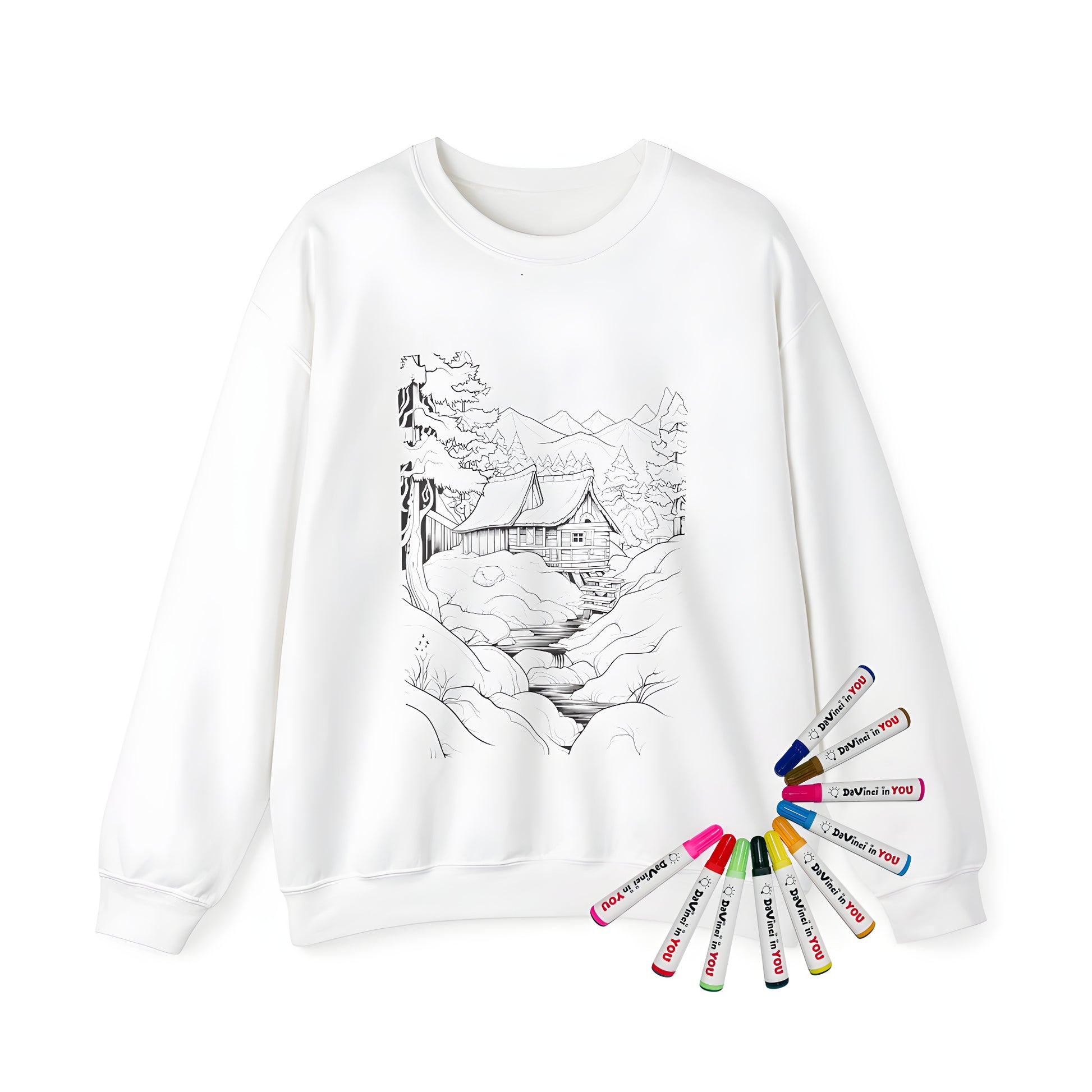 Adult sweatshirt featuring a detailed coloring page design of a mountain lodge surrounded by trees, hills, and a flowing river. Colorful illustration on a soft, comfortable adult sweatshirt.