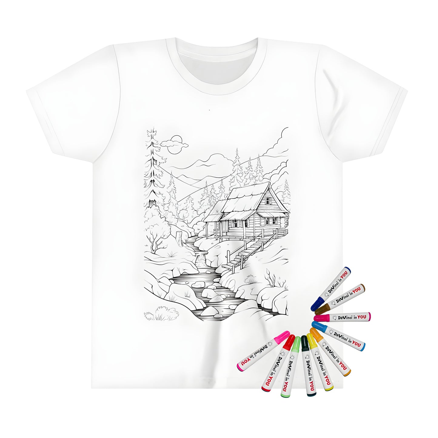 Detailed mountain retreat coloring page design on kid's t-shirt