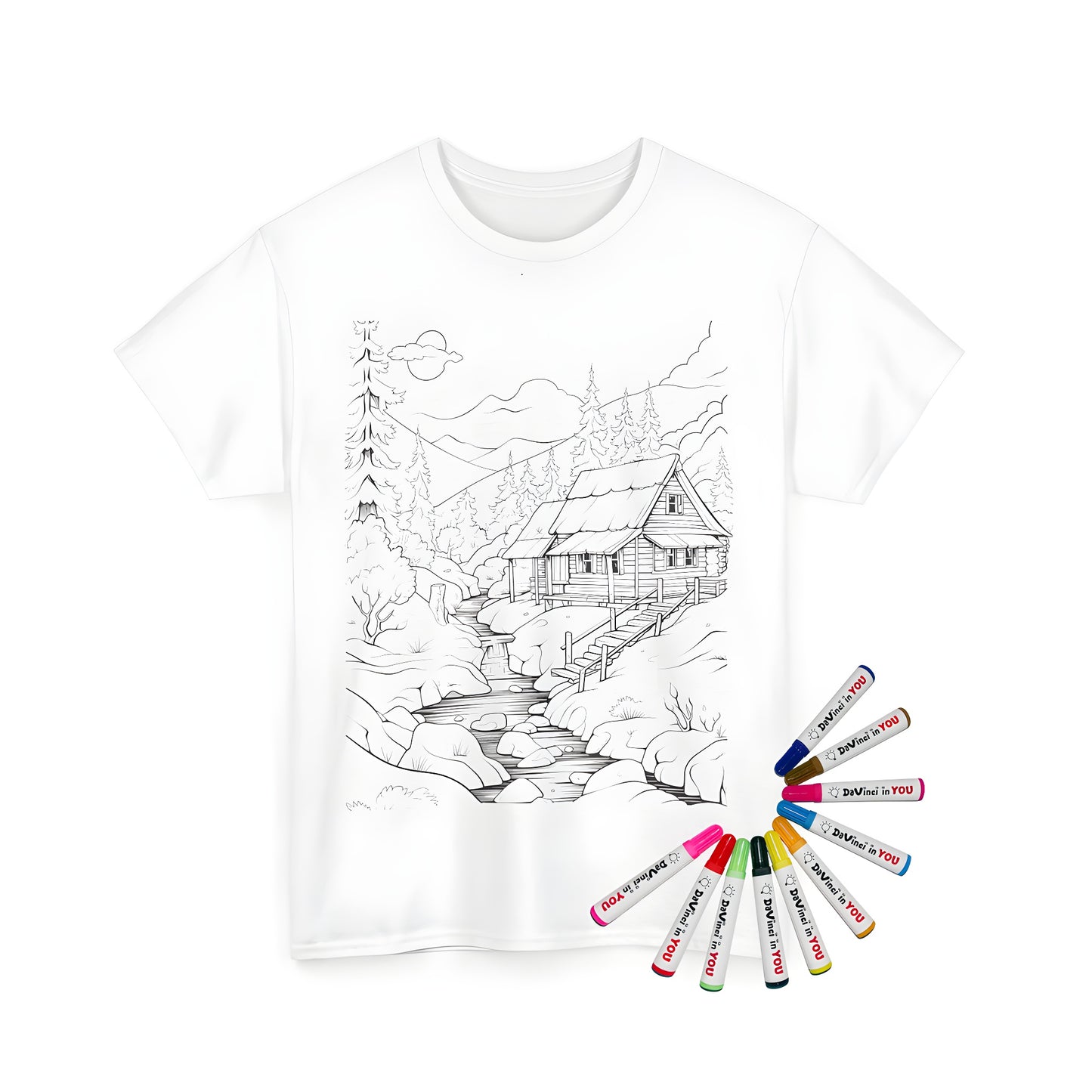 Coloring kit for a unisex t-shirt featuring a detailed mountain cabin scene by a river, surrounded by trees and mountains