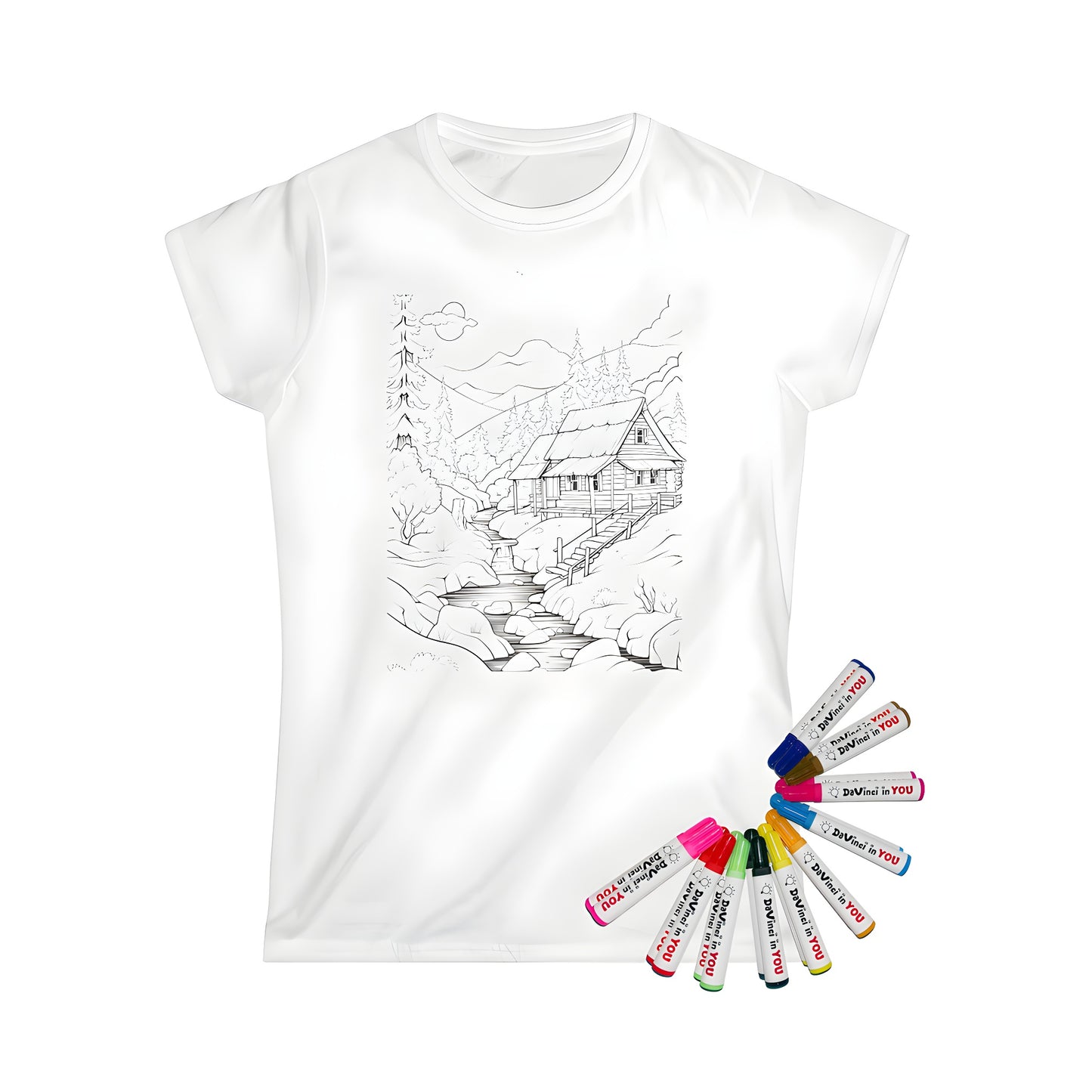 Women's t-shirt with a mountain hut design, featuring a cozy cabin by a river, surrounded by trees and mountains