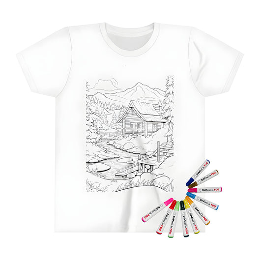 Coloring kit for kids featuring a fun mountain cabin illustration on a kid's t-shirt, complete with fabric markers