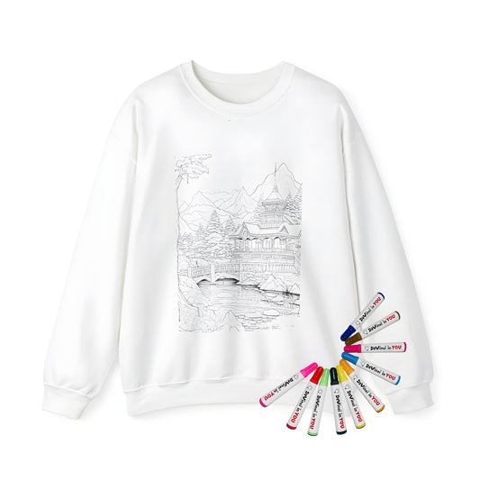 Adult sweatshirt featuring a vibrant temple design with a bridge over a serene river, surrounded by lush trees and majestic mountains.