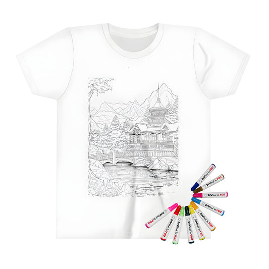 Kid's coloring t-shirt featuring an intricately designed mountain temple landscape with a bridge over a river and surrounding trees and mountains