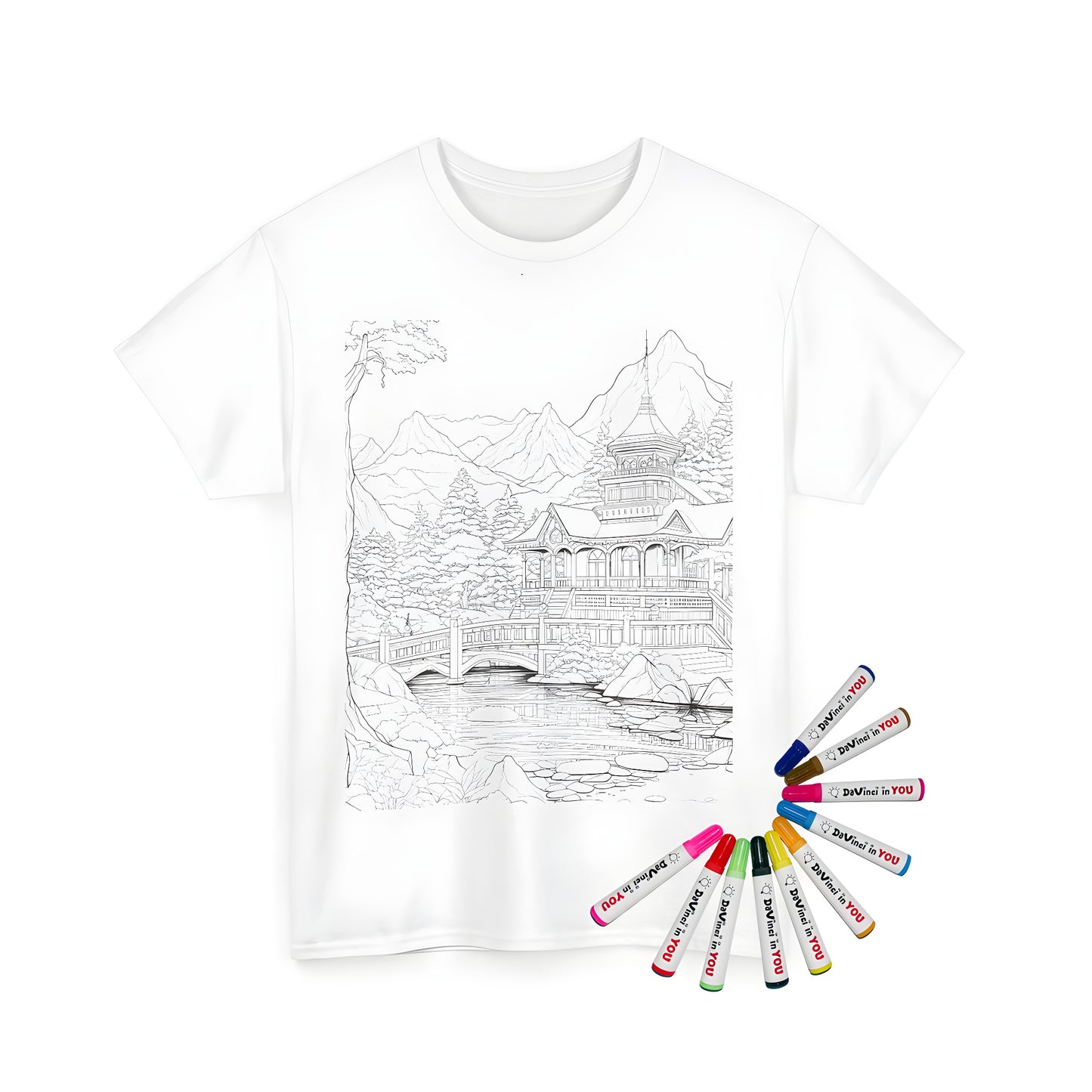 Unisex t-shirt featuring a detailed drawing of a mountain temple design with a bridge over a river, surrounded by trees and mountains in the background