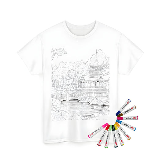 Unisex t-shirt featuring a detailed drawing of a mountain temple design with a bridge over a river, surrounded by trees and mountains in the background