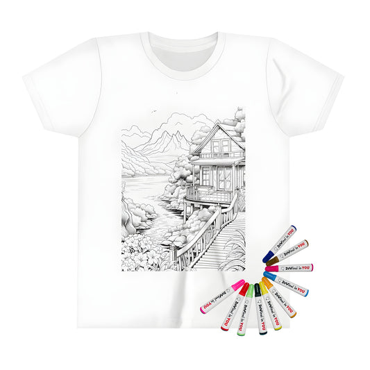 Kid's T-shirt featuring a fun coloring page design of a mountain landscape with house, river, trees, flowers and wooden bridge