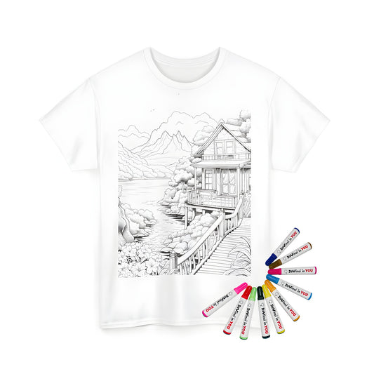 Coloring page design of a Unisex T-shirt with a scenic mountain landscape featuring a house, river, trees, flowers, and wooden bridge