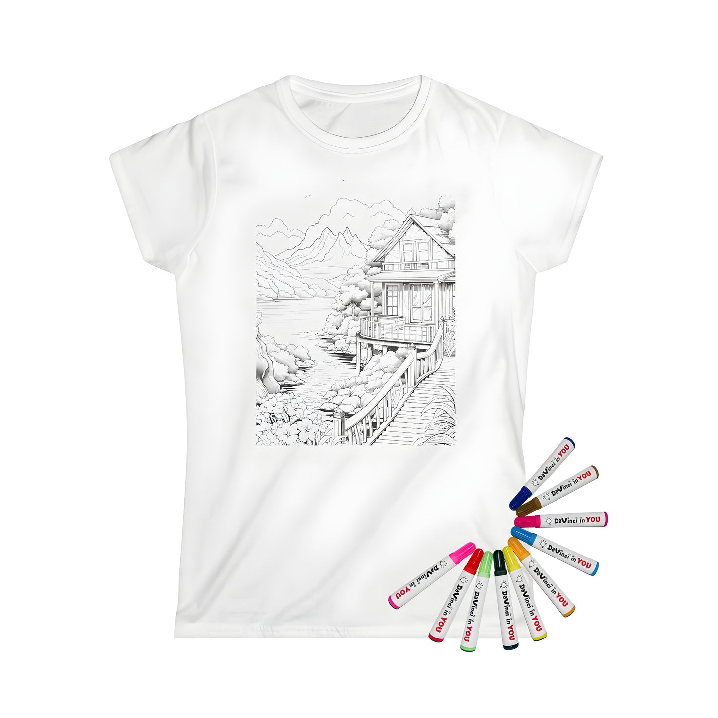 Women's t-shirt featuring a beautiful mountain scene with a house, wooden bridge, and serene landscape