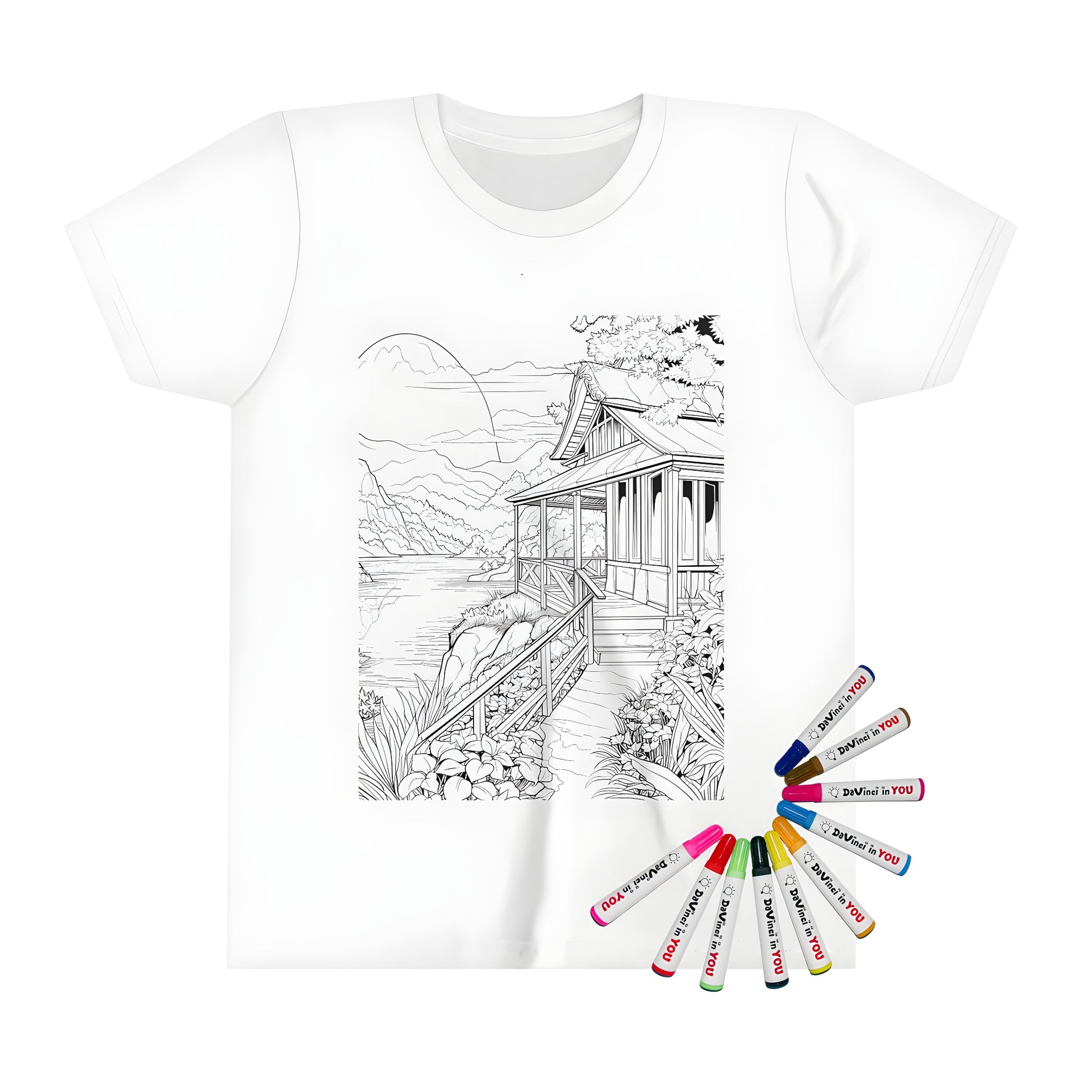 A detailed black and white line art of a wooden house by a tranquil lake, surrounded by mountains and lush plants printed on a kid's t-shirt