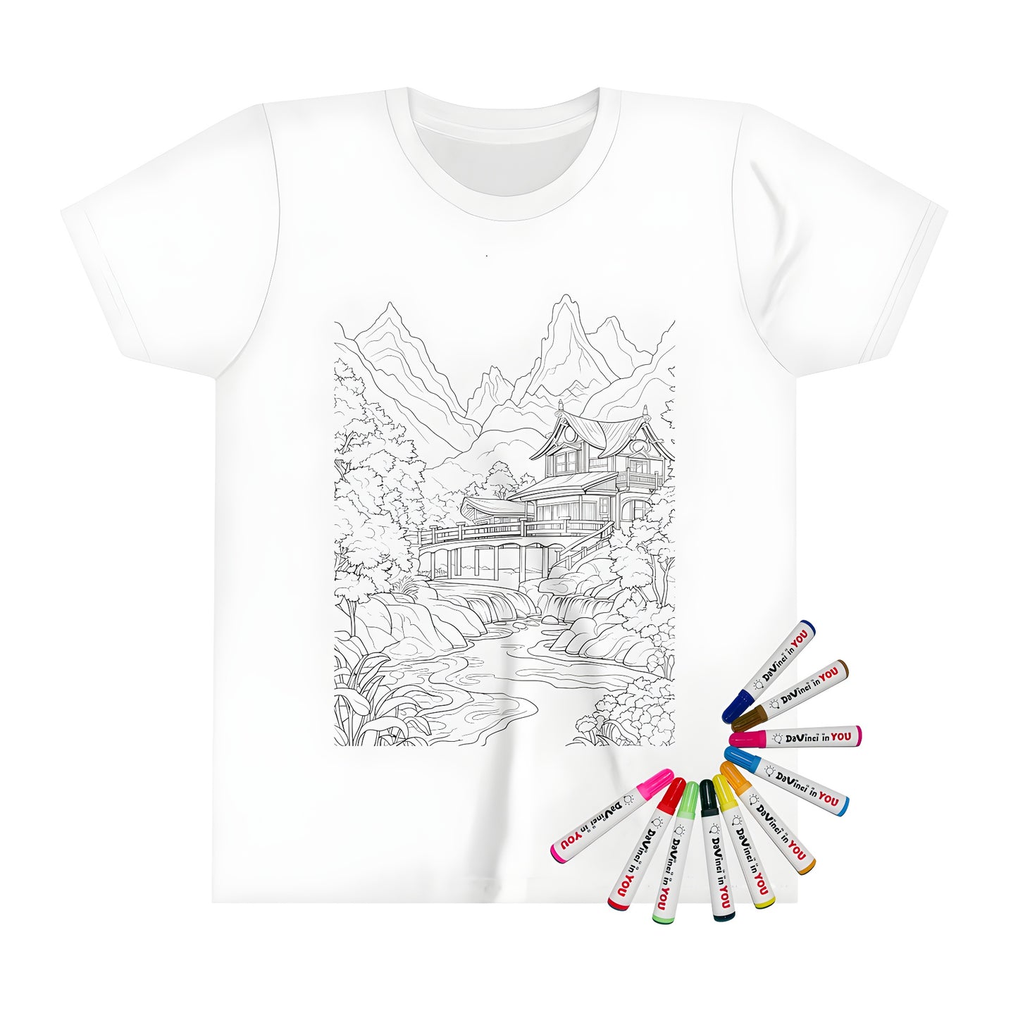 Kid's T-shirt featuring a serene Zen garden scene with traditional Japanese house, bridge over river, trees and mountains in colorful drawings