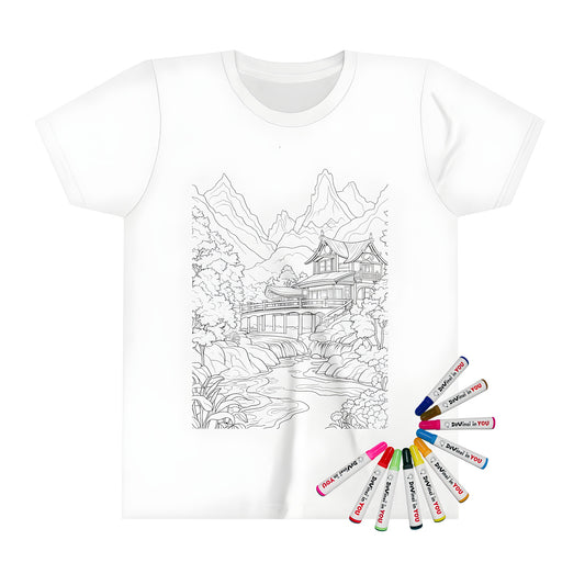 Kid's T-shirt featuring a serene Zen garden scene with traditional Japanese house, bridge over river, trees and mountains in colorful drawings