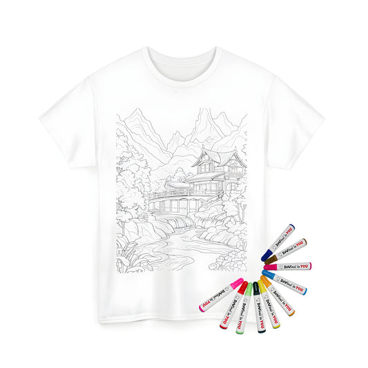 Relaxing Japanese landscape coloring kit for women men kids boys girls on a unisex tee shirt featuring traditional bridge house trees river scenery art.