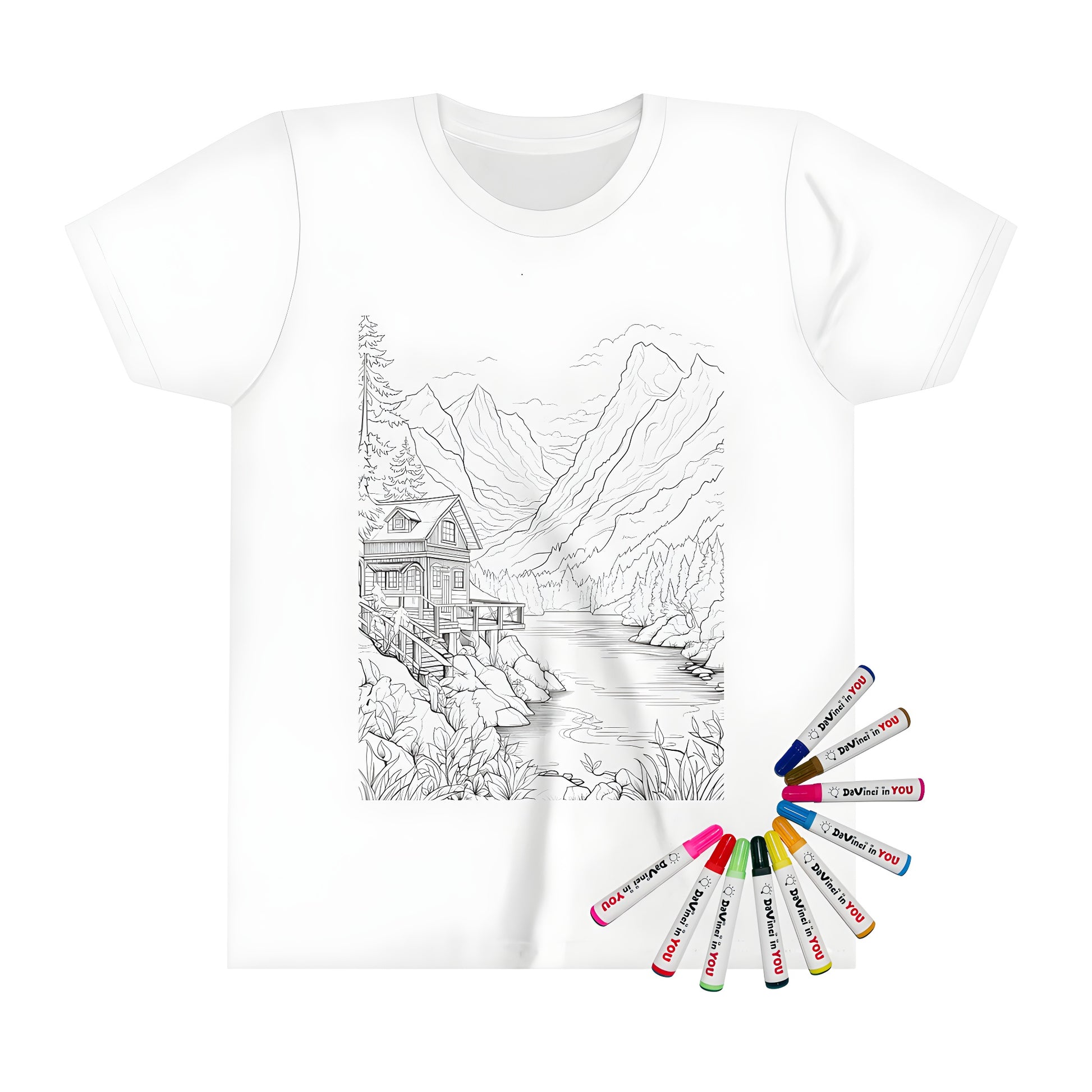 Kid's T-shirt featuring a colorful cabin scene, surrounded by mountains and trees, perfect for coloring