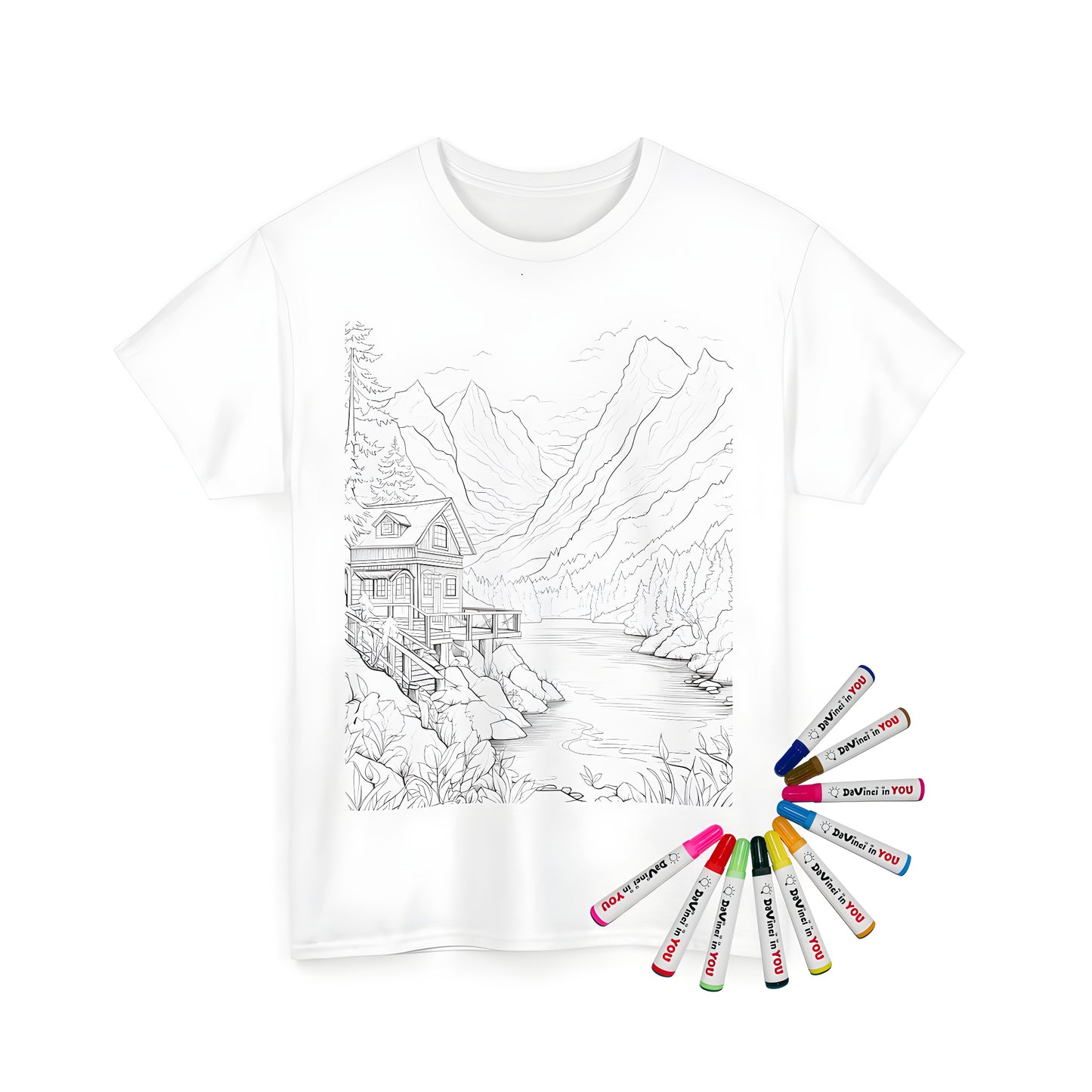 Detailed line drawing cabin lake mountain tree nature coloring page graphic on a unisex t-shirt