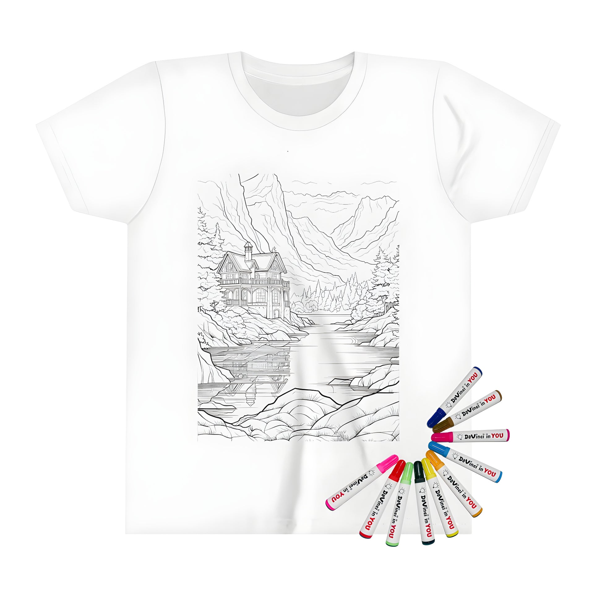 Mountain lake cabin kids t shirt detailed line drawing design