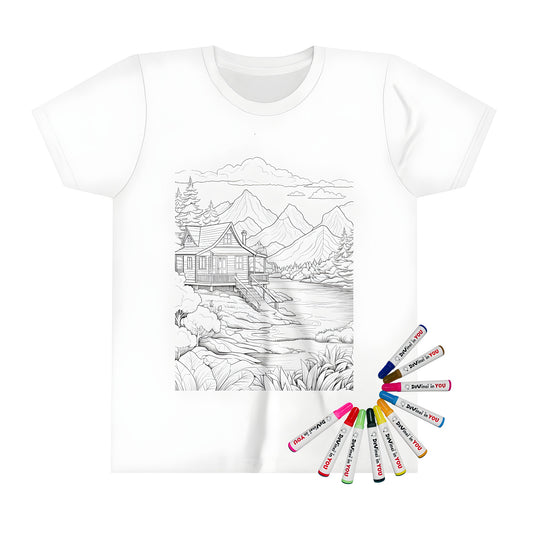 Kid's t-shirt with an adorable Black and white illustration of a cabin scene by a lake surrounded by mountains, trees, and fluffy clouds.