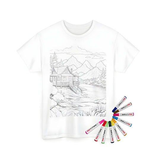 Colorful unisex t-shirt featuring a serene black and white illustration of a cabin scene with mountains, trees, and clouds