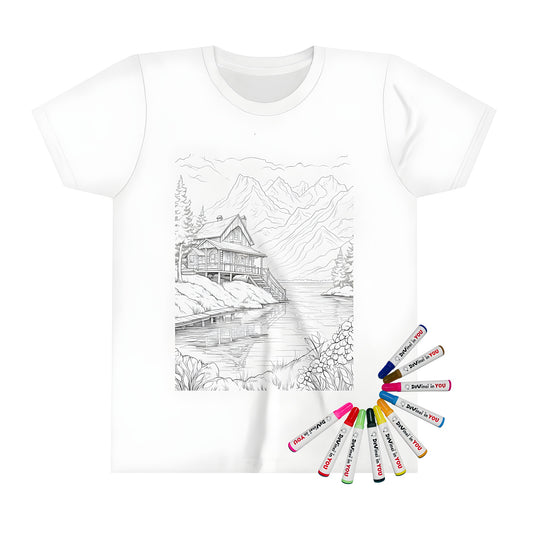 Kids' t-shirt with mountain lodge-inspired design, featuring detailed line drawing of a cabin by a serene lake and surrounded by lush trees and colorful flowers