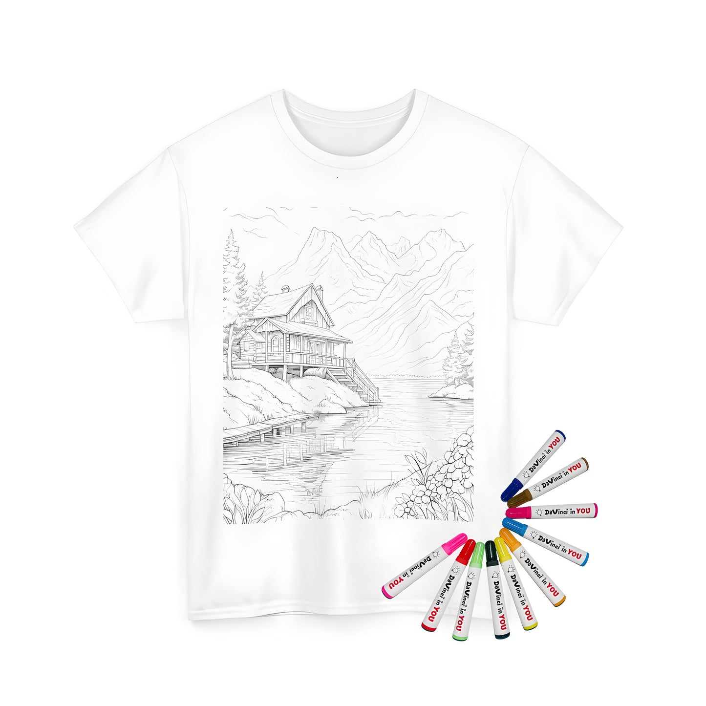 Detailed line drawing of a mountain cabin design on a unisex t-shirt, surrounded by trees and flowers