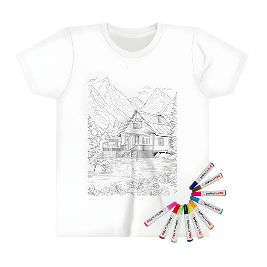 Kid's T-shirt with mountain cabin coloring page design. Fun and colorful tee for kids featuring a wooden cabin by the lake surrounded by trees and mountains.