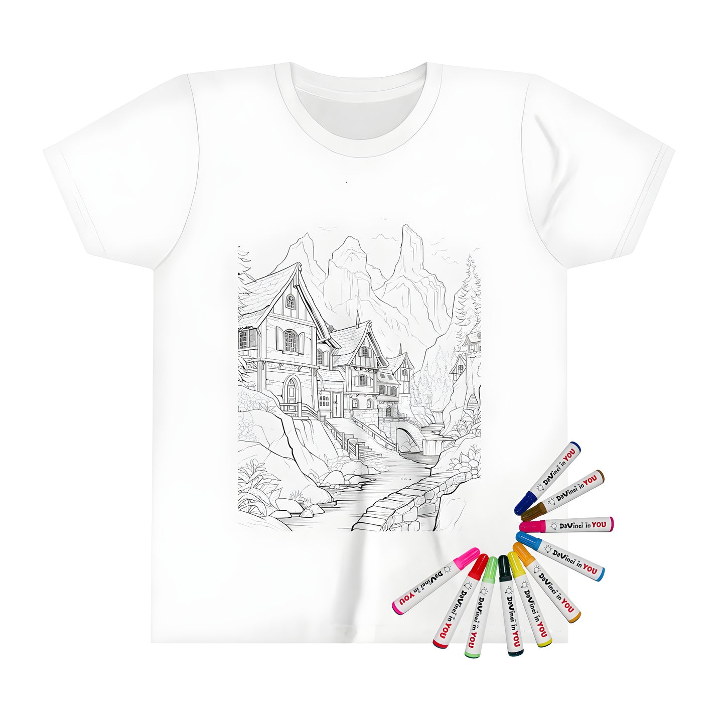 Coloring page inspired kid's t-shirt with mountain village houses design