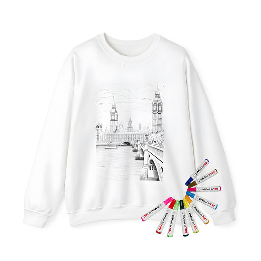 Adult sweatshirt with a vibrant cityscape design inspired by Big Ben, London landmarks, British architecture, and iconic English city views.