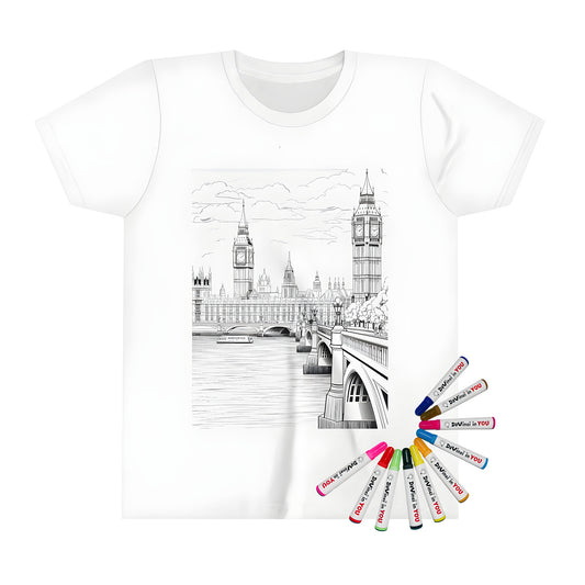 A detailed black and white illustration of London cityscape on a kid's t-shirt featuring Big Ben, a bridge over the Thames River, and surrounding buildings