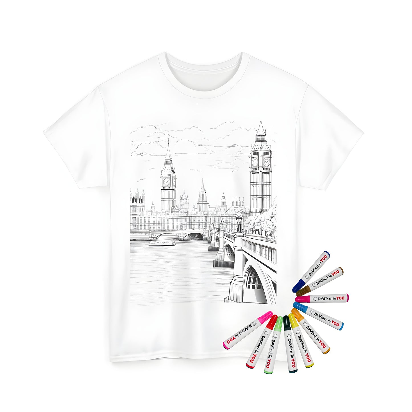 London-themed unisex t-shirt for kids and adults, featuring a detailed illustration of Big Ben, a bridge over the Thames river, and iconic city buildings