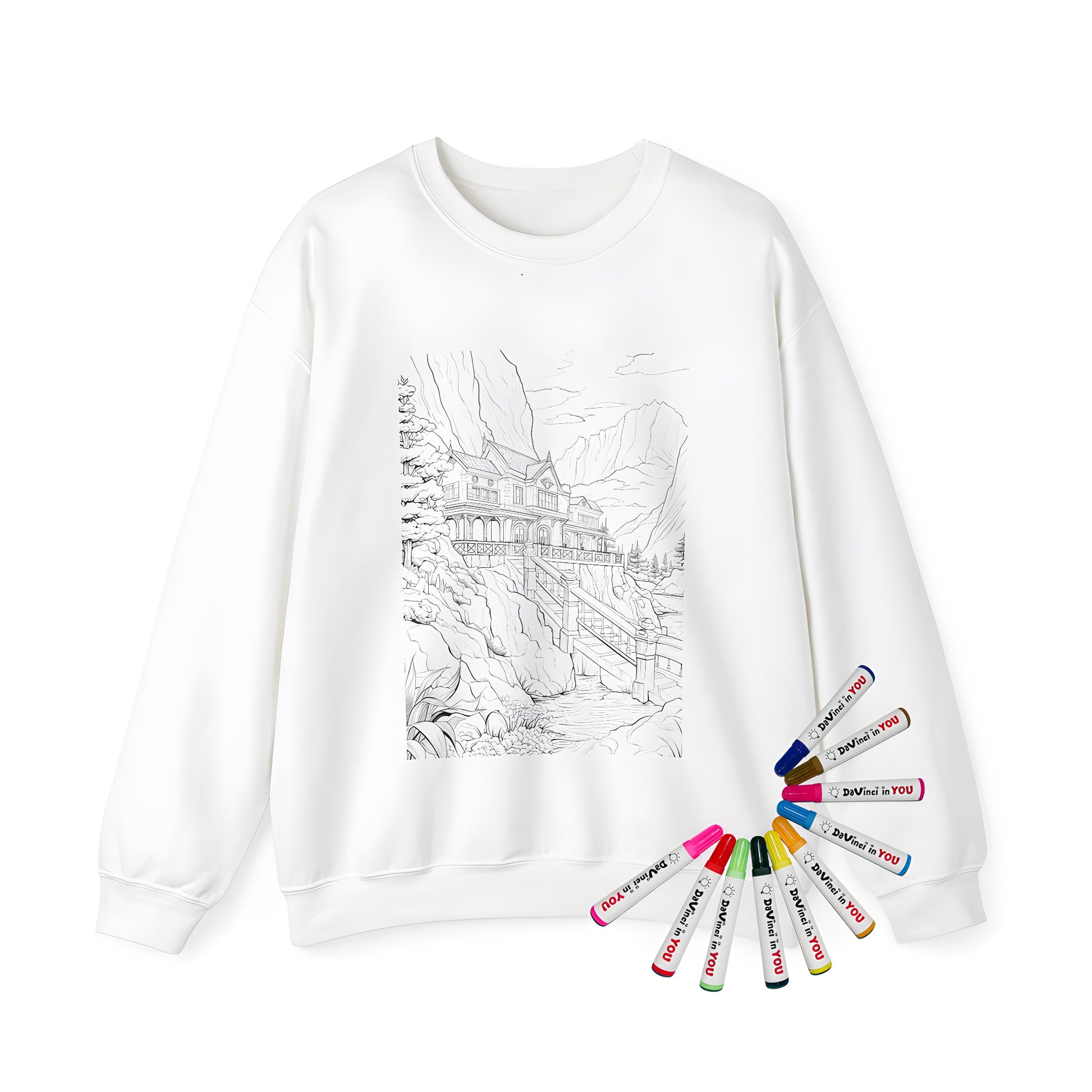 Adult sweatshirt with intricate coloring page design of a mountain cabin house with a bridge over a river and scenic landscape