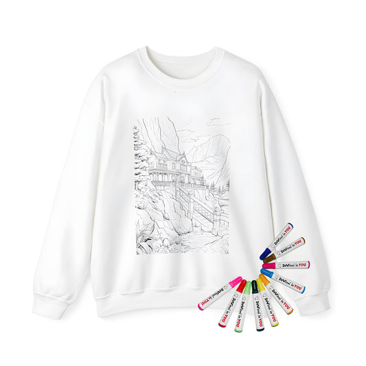 Adult sweatshirt with intricate coloring page design of a mountain cabin house with a bridge over a river and scenic landscape