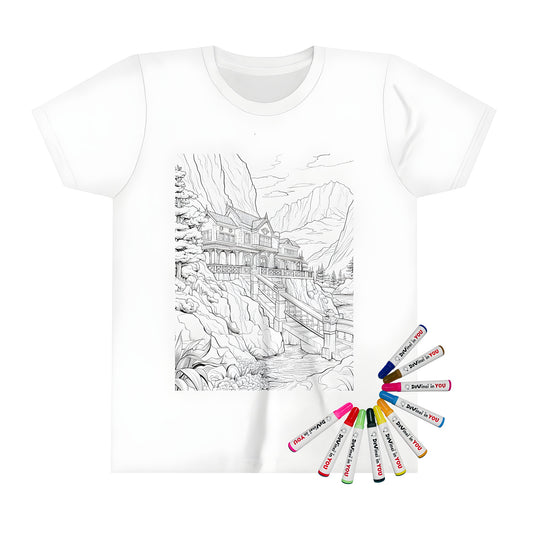 A vibrant kid's t-shirt featuring an intricate coloring page design of a mountain lodge with a bridge over a serene river in a beautiful landscape.