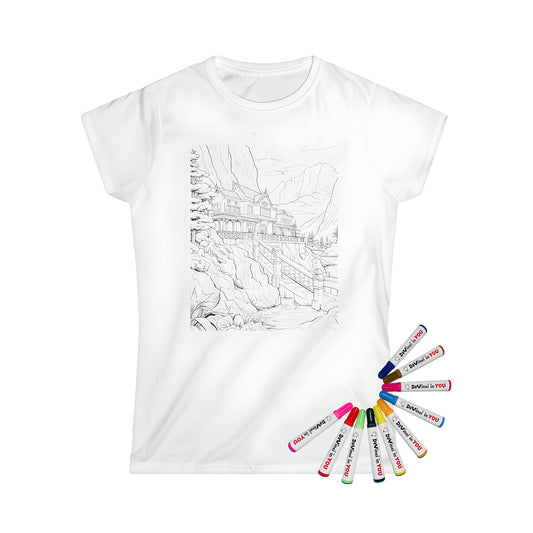 Women's t-shirt featuring an intricate coloring page design of a cottage house with a bridge over a river in a scenic landscape