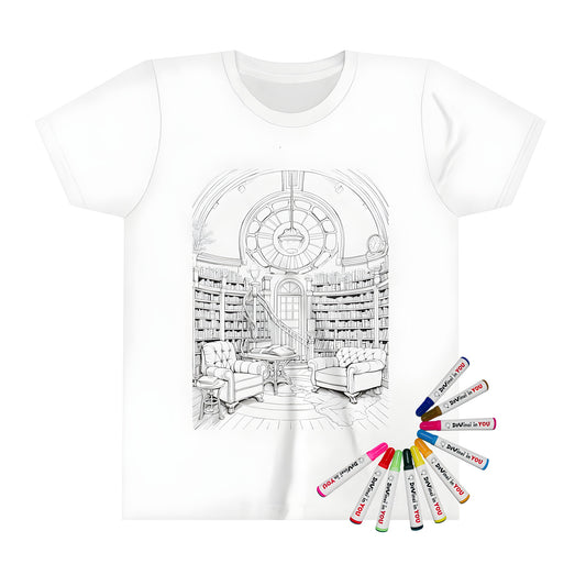 Kid's T-shirt featuring a vibrant library scene with bookshelves, cozy chairs, chandelier, and staircase from a coloring page design