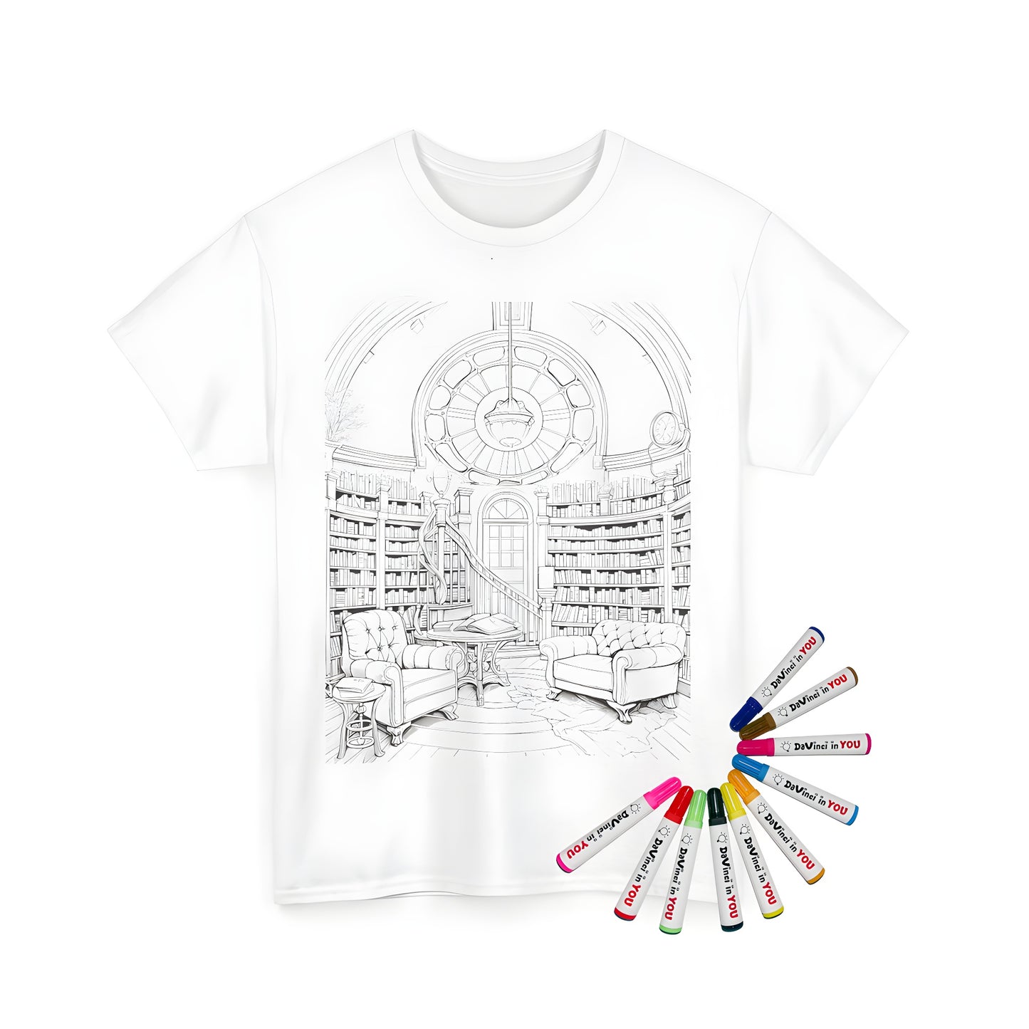 A high-quality image of a unisex t-shirt featuring a detailed black and white illustration of a cozy library study area, complete with bookshelves, plush armchairs, a chandelier, and a staircase, perfect for reading enthusiasts and fans of literary-themed fashion.