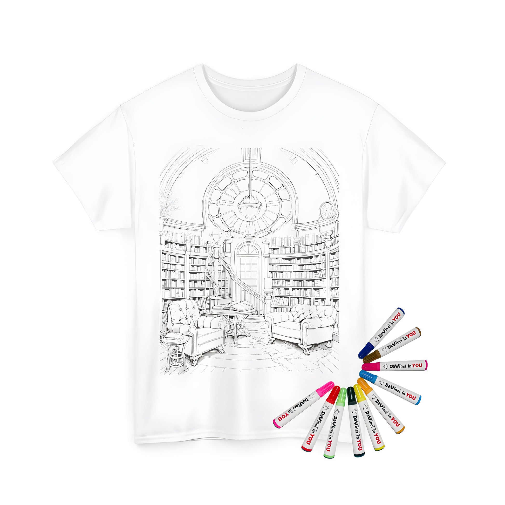 A high-quality image of a unisex t-shirt featuring a detailed black and white illustration of a cozy library study area, complete with bookshelves, plush armchairs, a chandelier, and a staircase, perfect for reading enthusiasts and fans of literary-themed fashion.