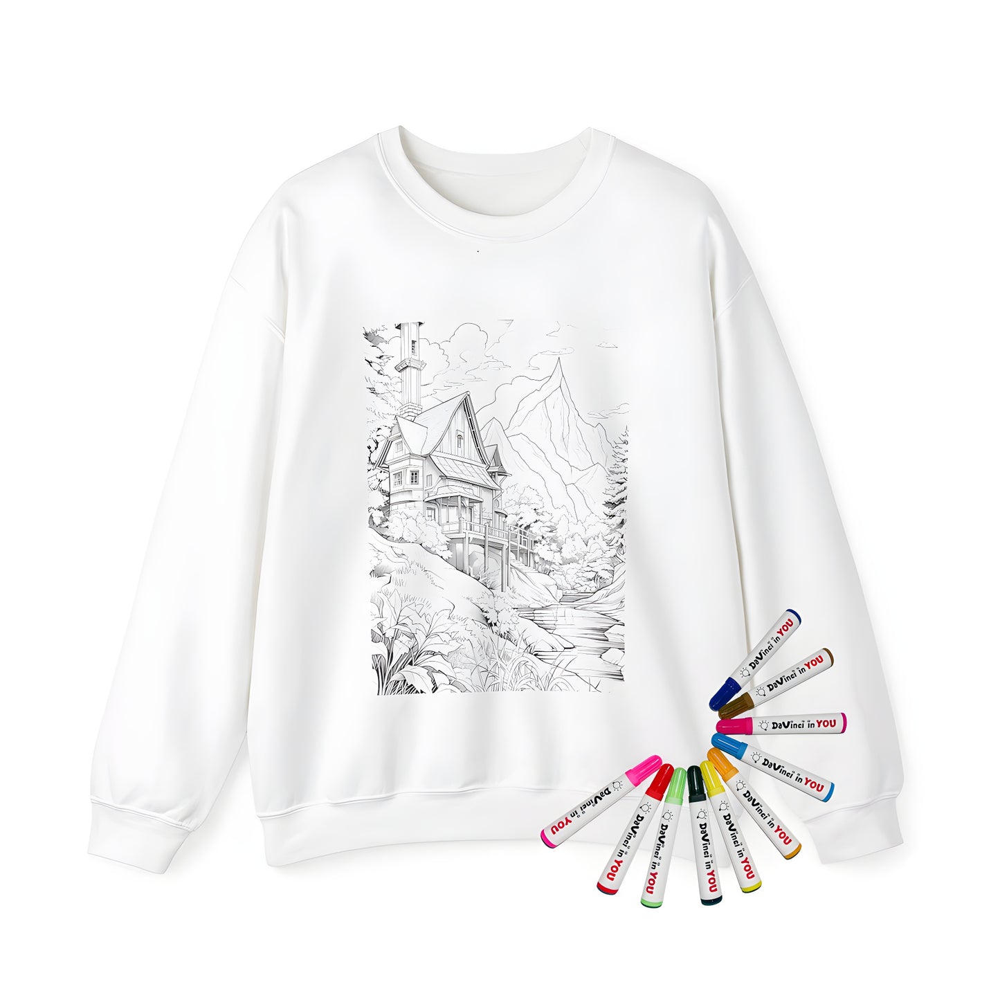 Adult sweatshirt featuring a detailed black and white drawing of a mountain lodge with chimney, surrounded by trees and a serene forest stream