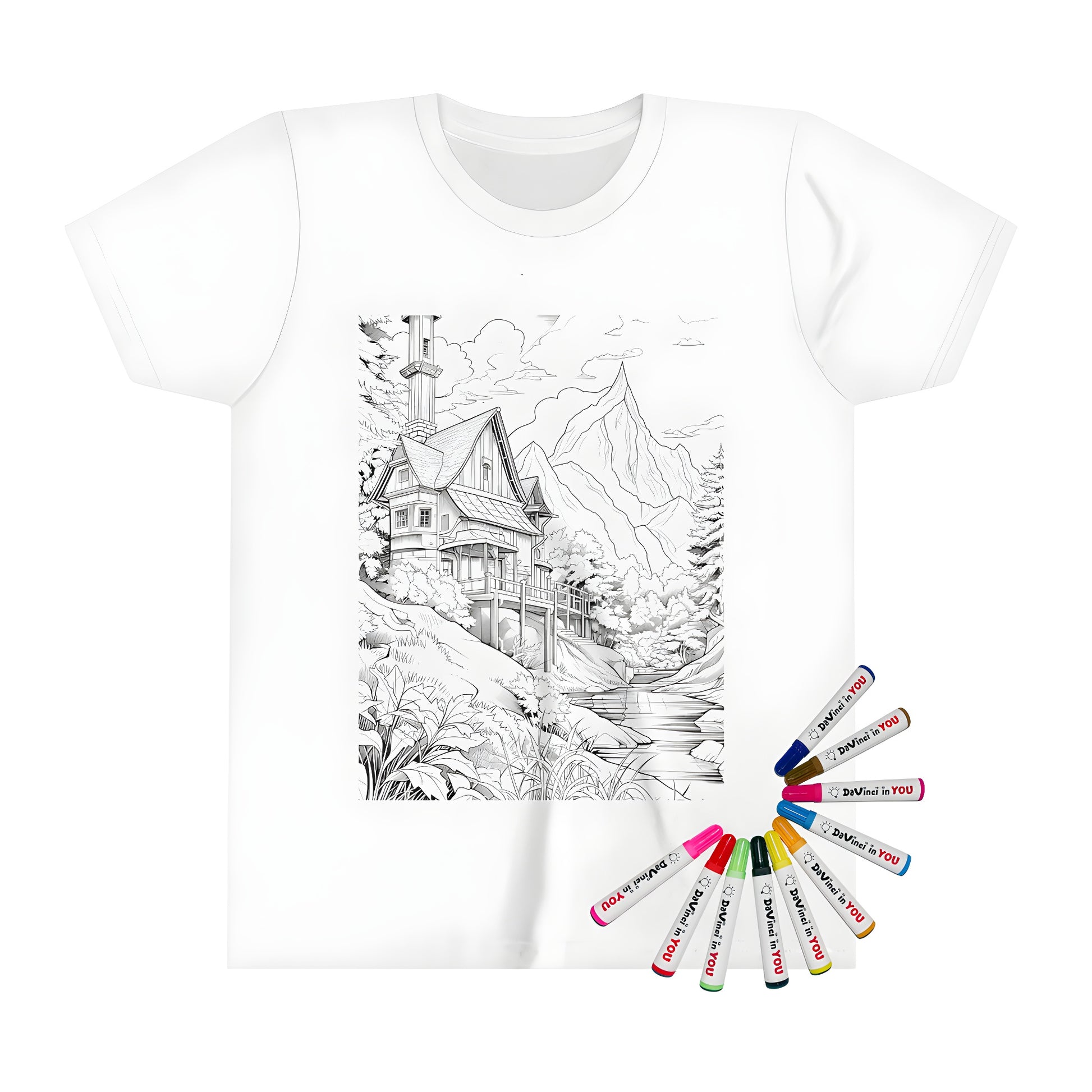 Coloring kit kid's t-shirt design of a detailed cabin illustration, woodland trees and a calm mountain landscape.