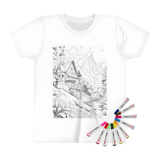 Coloring kit kid's t-shirt design of a detailed cabin illustration, woodland trees and a calm mountain landscape.