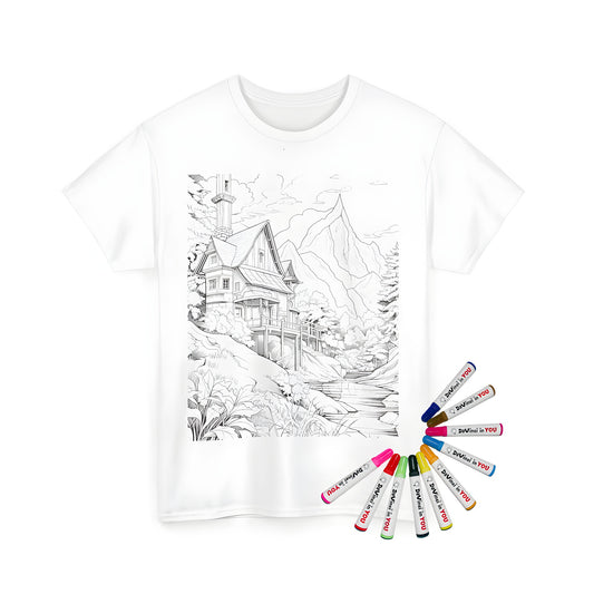 Coloring kit with fabric markers for unisex t-shirt featuring an artistic drawing of a secluded log cabin with chimney, surrounded by trees and a serene mountain stream.