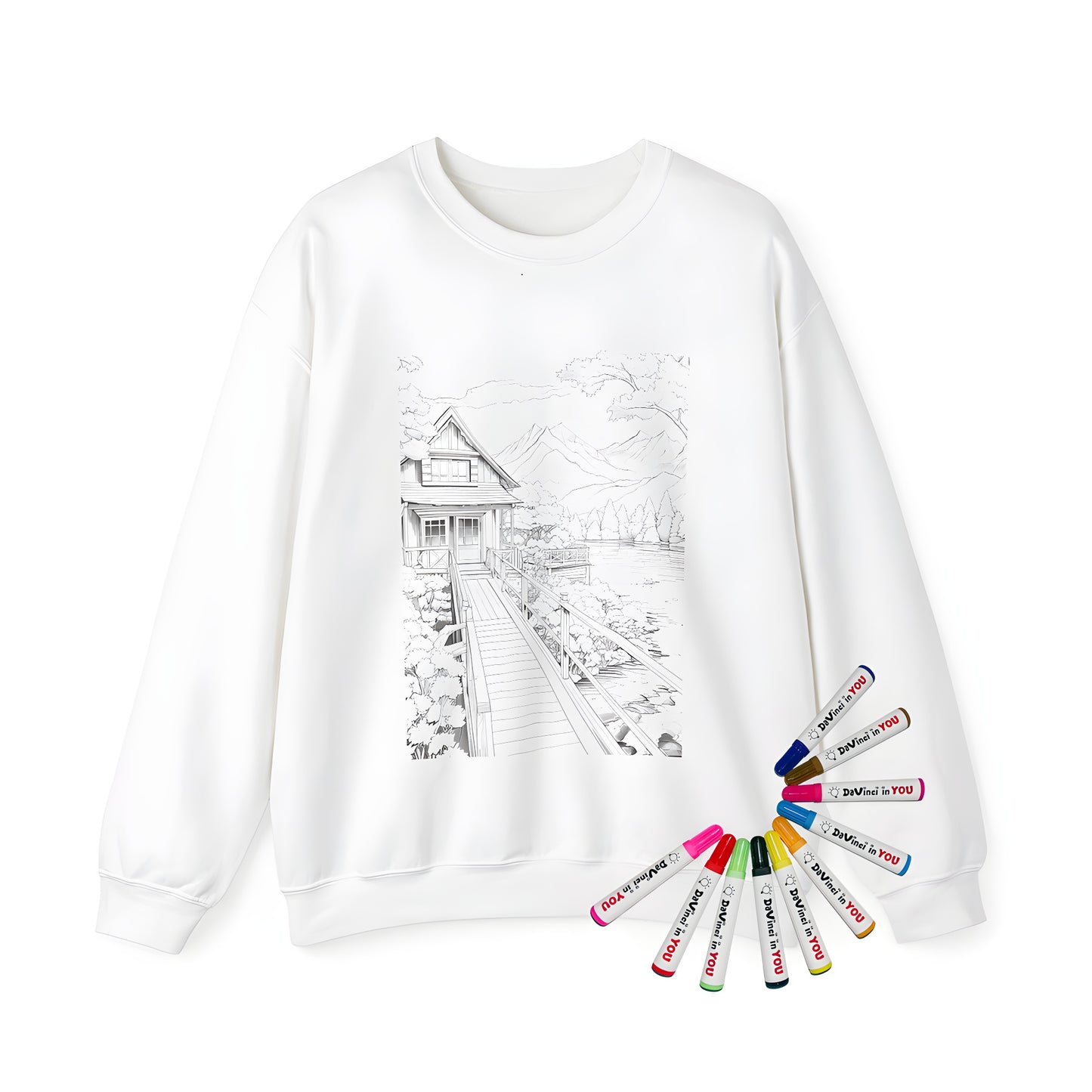 Adult sweatshirt featuring a lakeside cabin illustration with wooden bridge and trees, perfect for relaxation