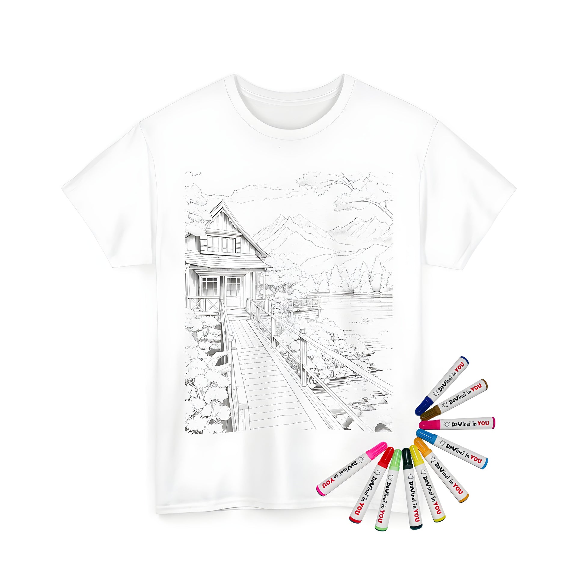 Unisex T-Shirt featuring detailed lake cabin illustration with wooden bridge, trees, and mountains