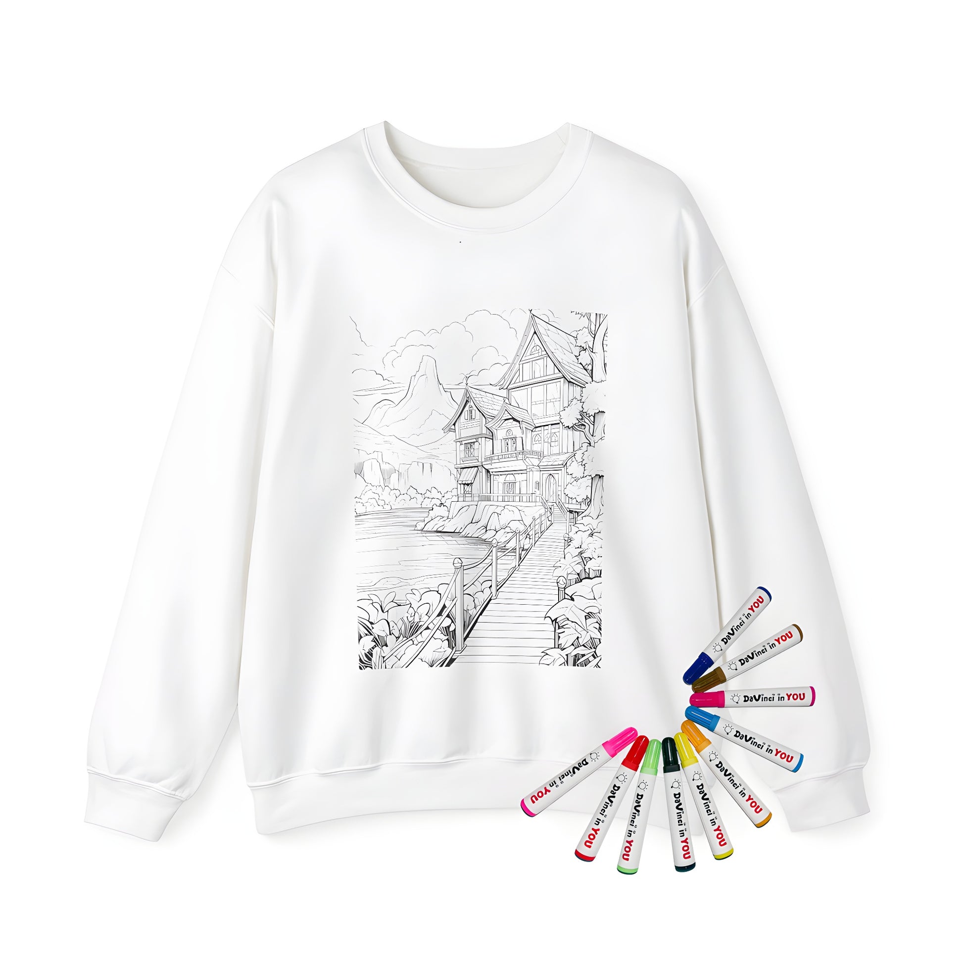 Adult sweatshirt featuring a detailed countryside landscape with a house by a serene lake, surrounded by lush nature and majestic mountains.