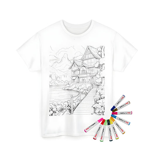 Cozy countryside house t-shirt with lake, mountains, and nature design, perfect for fans of rustic decor