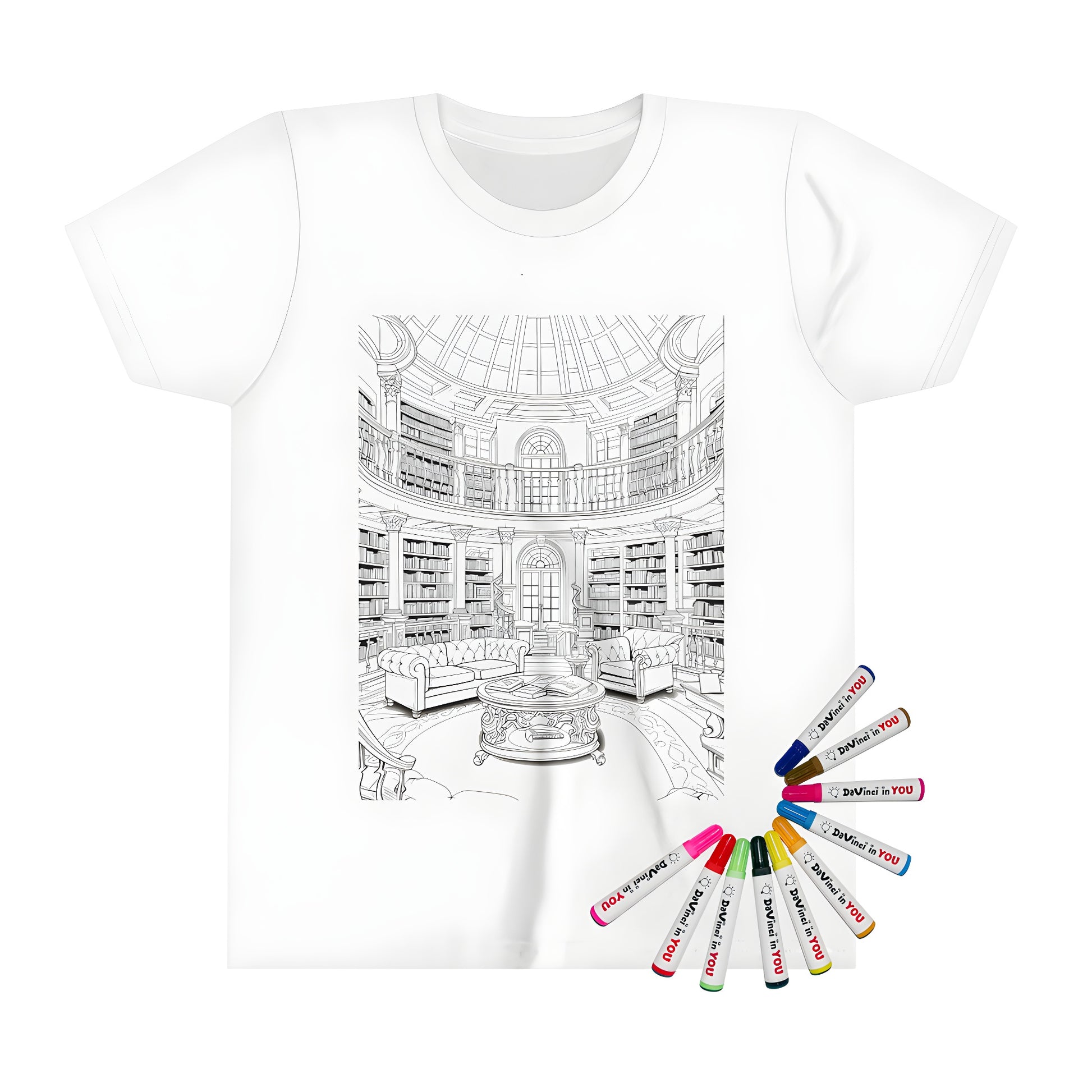 A colorful kid's t-shirt featuring an elegant home library design with high bookshelves and sofas