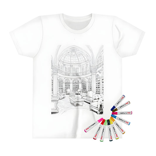 Kid's T-shirt featuring a vibrant coloring page of a luxurious library reading room with arched bookshelves, comfortable sofas, and intricate domed ceiling